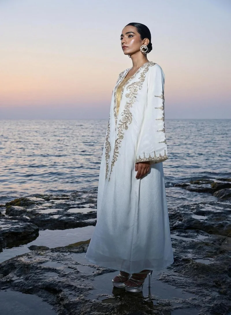 Ishin  Cream Floral Zari Embroidered Brocade Abaya for Women | Best Price UAE
